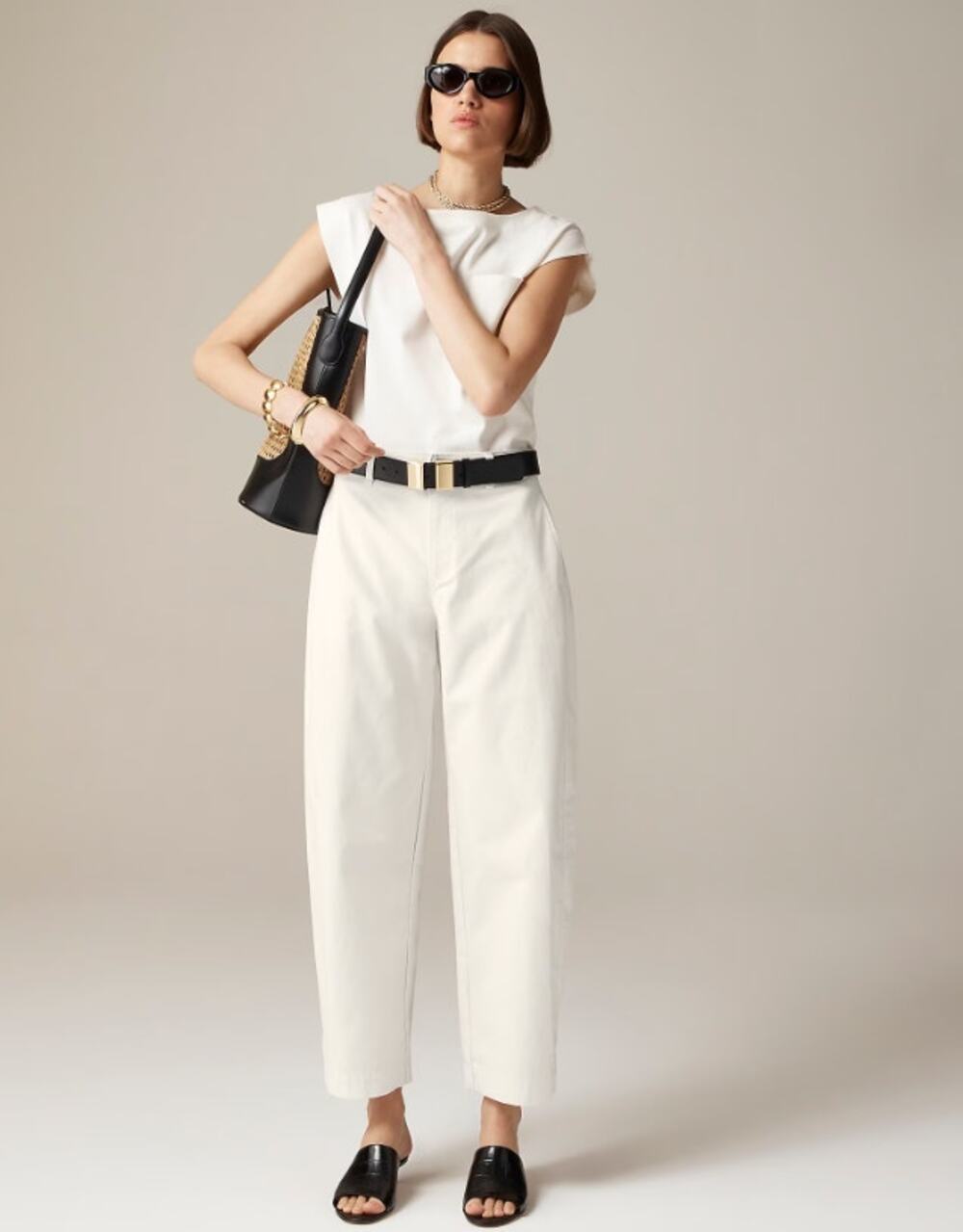 J.Crew Barrel Leg Pants WMNS 24 White Cotton-Linen Blend Stretch Hi-Rise Tapered